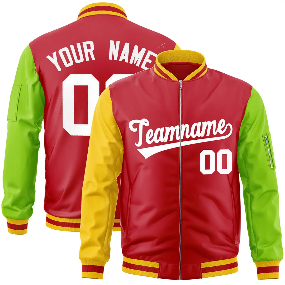Red Neon Green-Gold Varsity Raglan Full-Zip Letterman Bomber Jacket