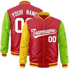 Red Neon Green-Gold Varsity Raglan Full-Zip Letterman Bomber Jacket 1