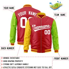 Red Neon Green-Gold Varsity Raglan Full-Zip Letterman Bomber Jacket 2
