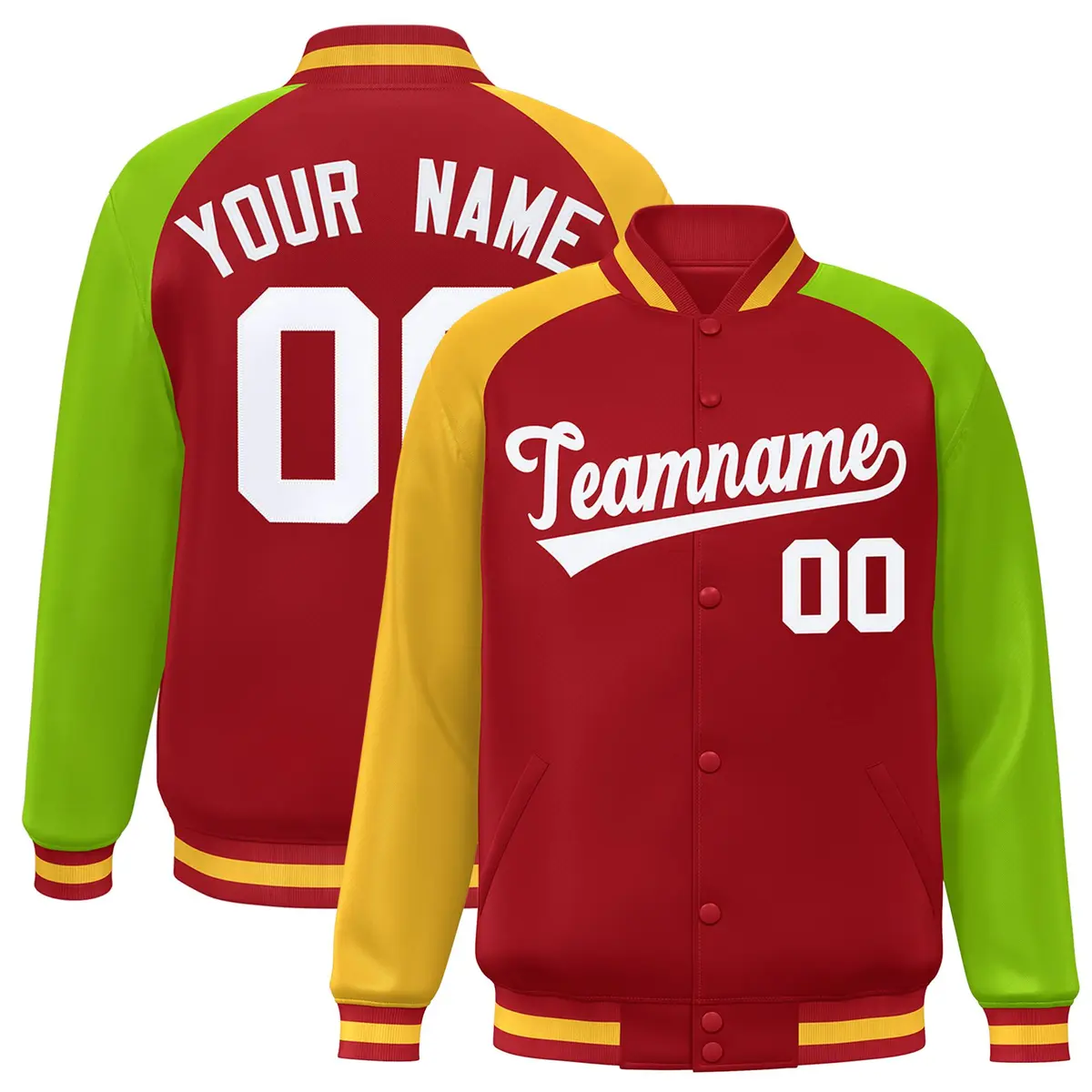 Red Neon Green-Gold Varsity Raglan Letterman Bomber Jacket