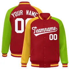 Red Neon Green-Gold Varsity Raglan Letterman Bomber Jacket 1