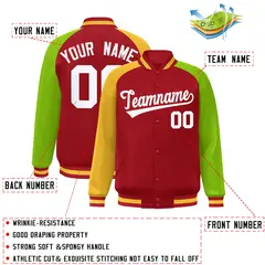 Red Neon Green-Gold Varsity Raglan Letterman Bomber Jacket 2