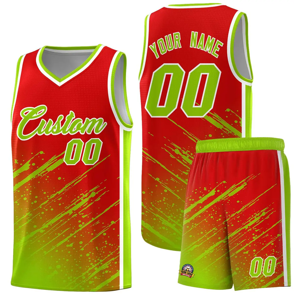 Red Neon Green Splash Basketball Uniforms for Teams