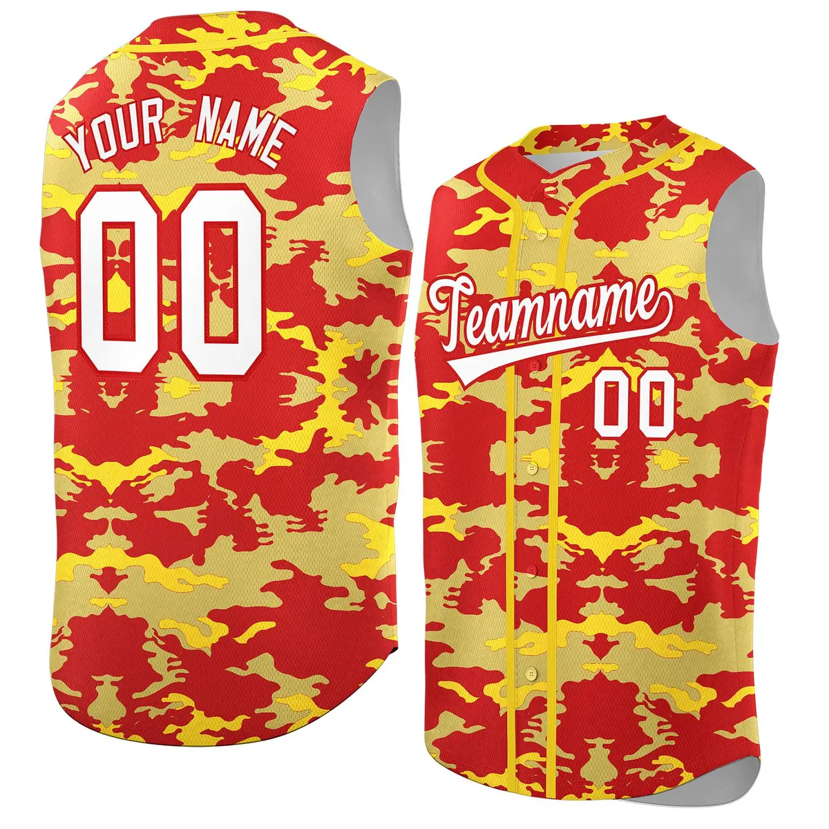 Red Old Gold and Gold Camo Sleeveless Baseball Jersey