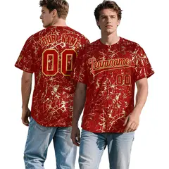 Red Old Gold Metallic Gold Splatter Baseball Jersey