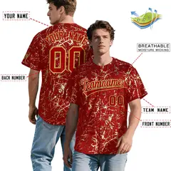 Red Old Gold Metallic Gold Splatter Baseball Jersey 2