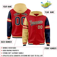 Red Old Gold-Navy Raglan Three Stripes Varsity Letterman Hoodie 4