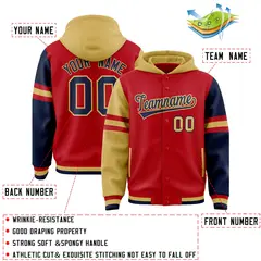 Red Old Gold-Navy Raglan Three Stripes Varsity Letterman Hoodie 4