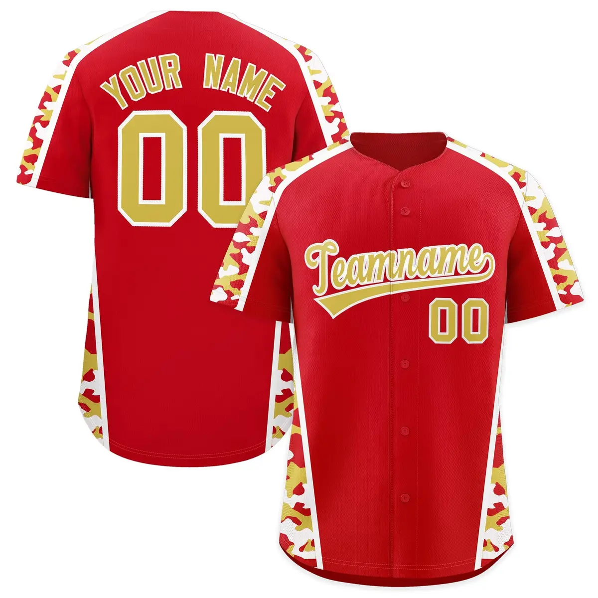 Red Old Gold Side Camo Baseball Jersey