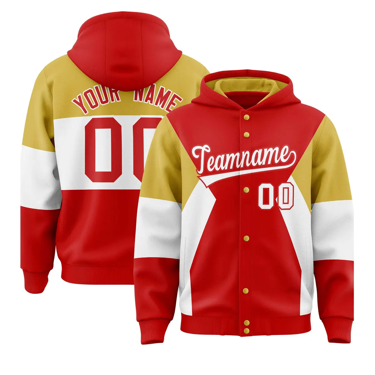 Red Old Gold-White Color Block Varsity Full-Snap Letterman Jacket Hoodie