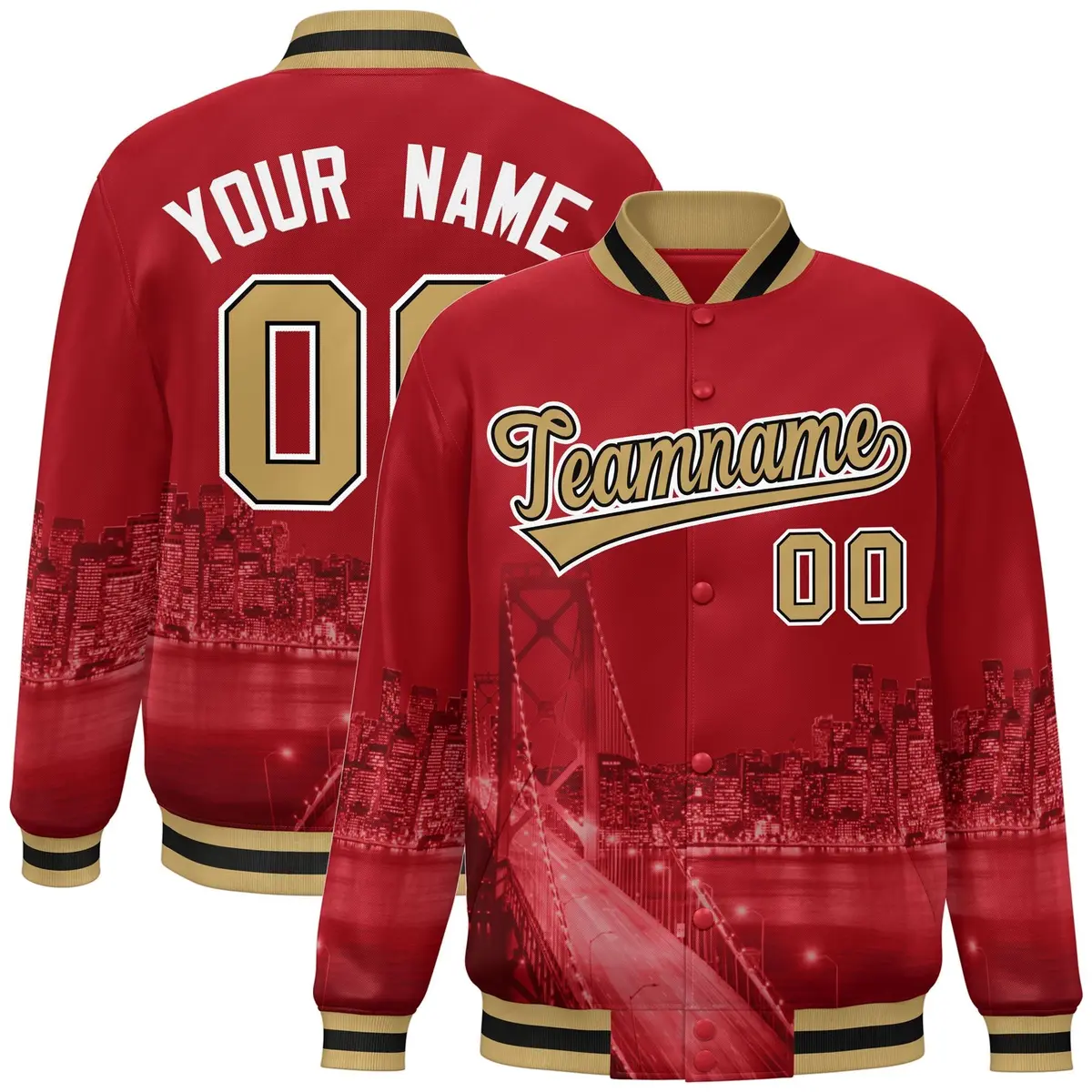 Red Old Gold White San Francisco Skyline Varsity Full-Snap Jacket