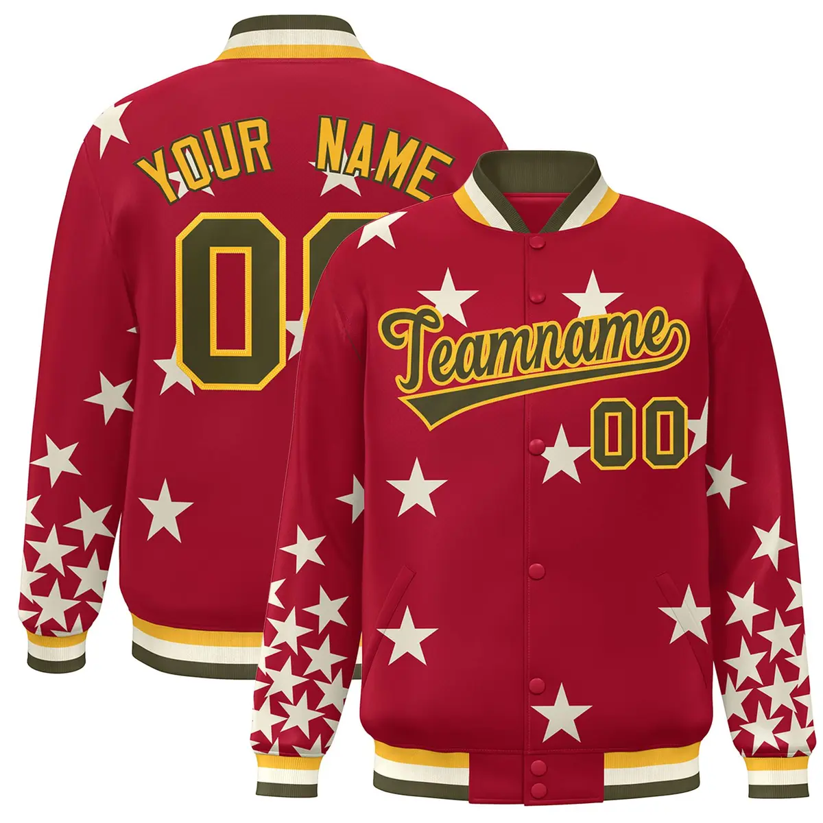 Red Olive-Yellow Star Graffiti Varsity Full-Snap Bomber Jacket