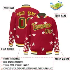 Red Olive-Yellow Star Graffiti Varsity Full-Snap Bomber Jacket 2