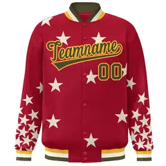 Red Olive-Yellow Star Graffiti Varsity Full-Snap Bomber Jacket 3
