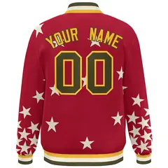 Red Olive-Yellow Star Graffiti Varsity Full-Snap Bomber Jacket 4