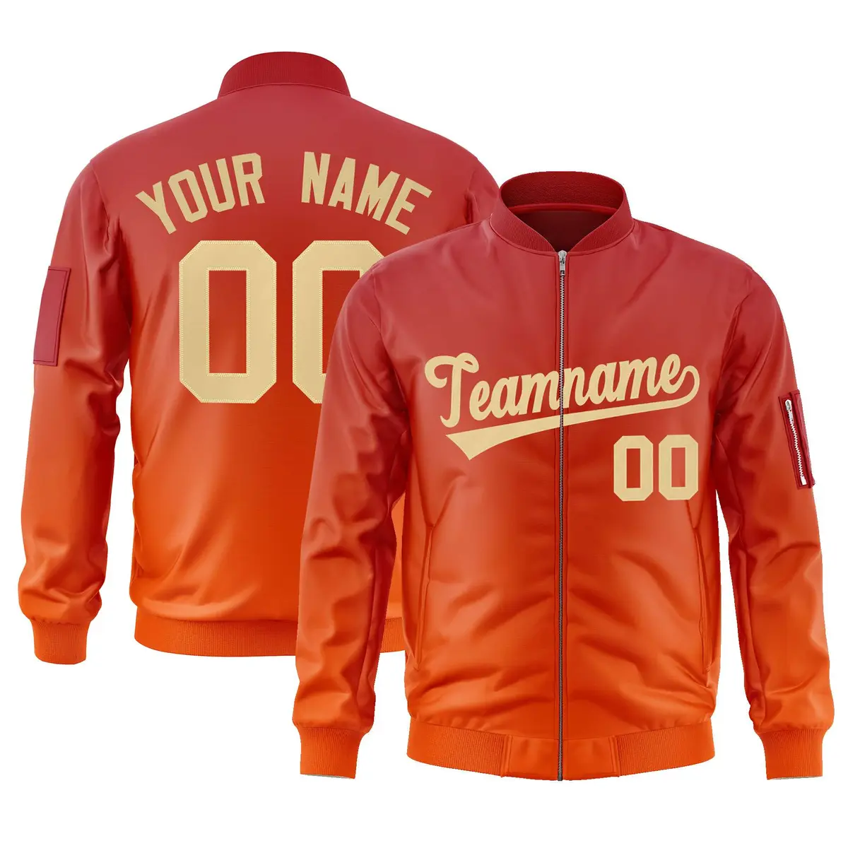 Red Orange-Khaki Gradient Varsity Letterman Bomber Jacket