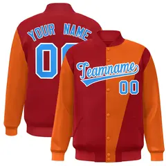 Red Orange-Powder Blue Color Block Varsity Full-Snap Bomber Jacket