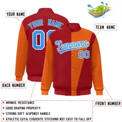 Red Orange-Powder Blue Color Block Varsity Full-Snap Bomber Jacket 2