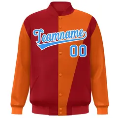 Red Orange-Powder Blue Color Block Varsity Full-Snap Bomber Jacket 3