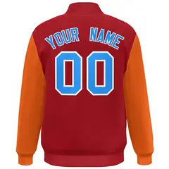 Red Orange-Powder Blue Color Block Varsity Full-Snap Bomber Jacket 4