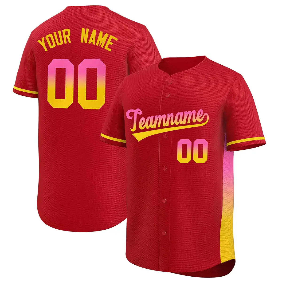 Red Pink-Gold Gradient Font Side Baseball Jersey