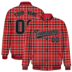 Red Plaid Varsity Full-Snap Letterman Baseball Jacket