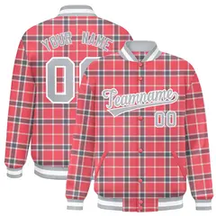 Red Plaid Varsity Full-Snap Letterman Baseball Jacket
