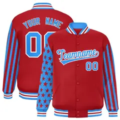 Red Powder Blue American Flag Varsity Full-Snap Raglan Letterman Bomber Jacket