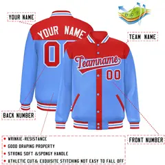 Red Powder Blue Color Block Varsity Bomber Baseball Jacket 2