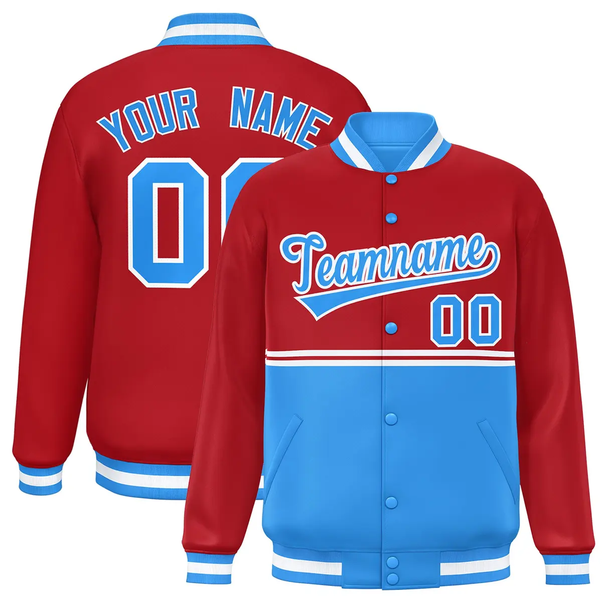 Red Powder Blue Full-Snap Color Block Varsity Letterman Jacket