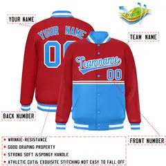 Red Powder Blue Full-Snap Color Block Varsity Letterman Jacket 2