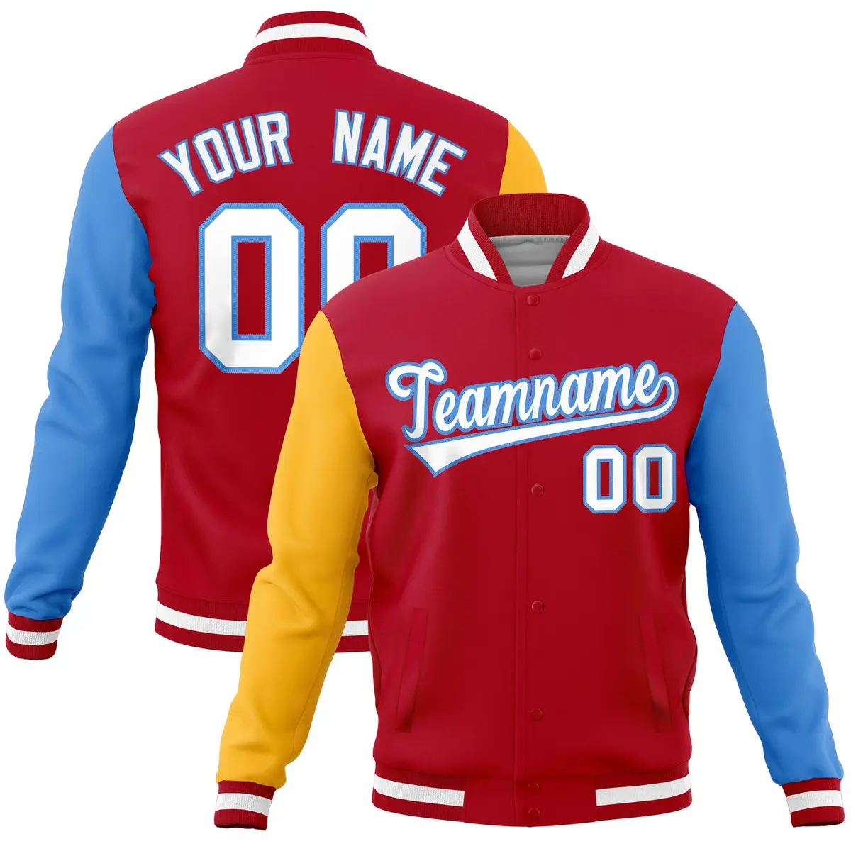 Red Powder Blue-Gold Full-Snap Raglan Varsity Letterman Jacket
