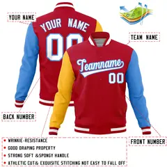 Red Powder Blue-Gold Full-Snap Raglan Varsity Letterman Jacket 4