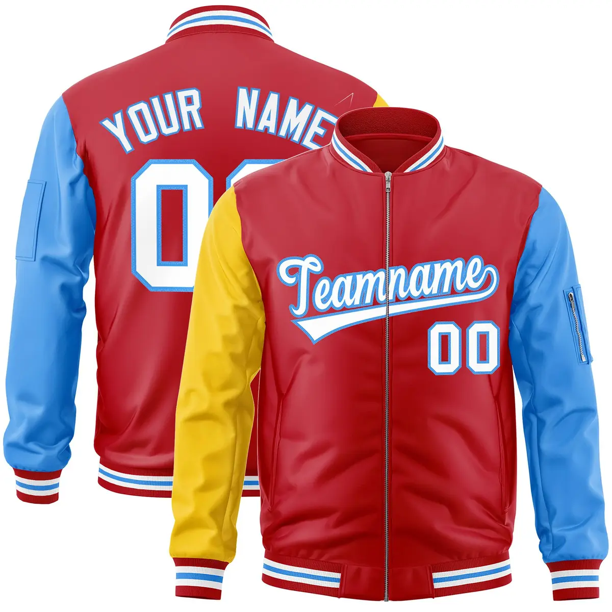Red Powder Blue-Gold Varsity Raglan Letterman Bomber Jacket