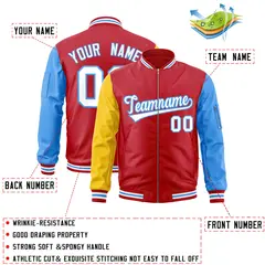 Red Powder Blue-Gold Varsity Raglan Letterman Bomber Jacket 2