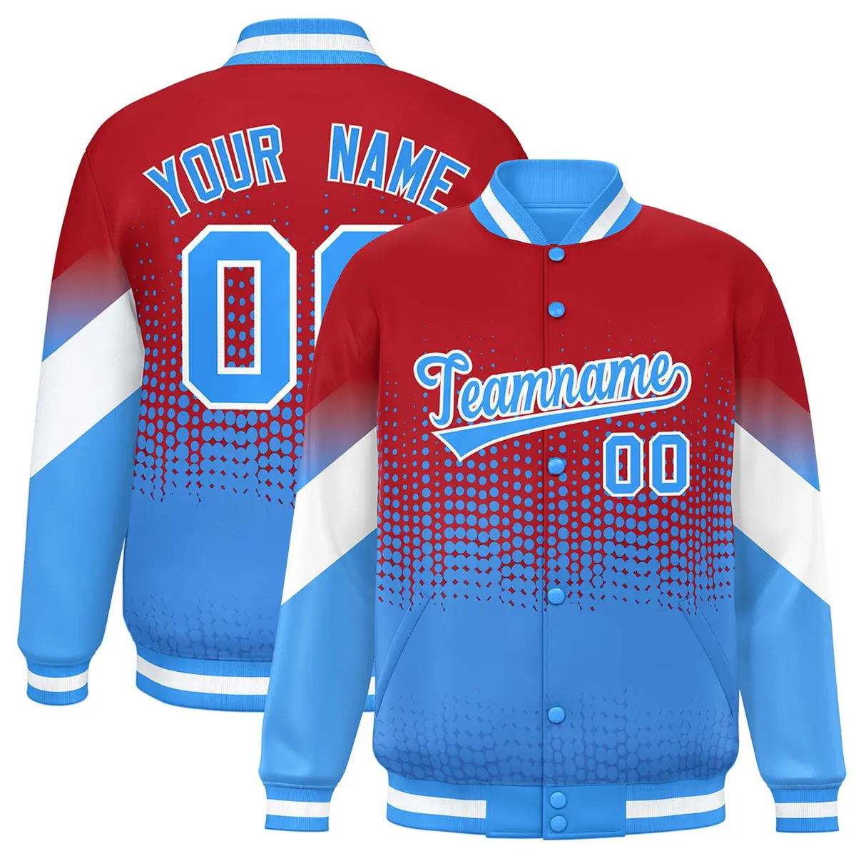 Red Powder Blue Gradient Polka Dot Full-Snap Letterman Jacket