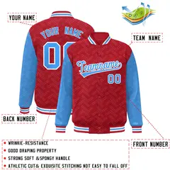 Red Powder Blue L Pattern Raglan Full-Snap Varsity Letterman Jacket 2