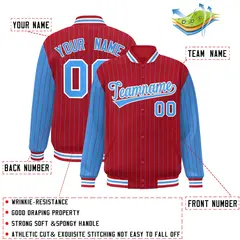 Red Powder Blue Pinstripe Raglan Varsity Letterman Baseball Jacket 2