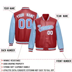 Red Powder Blue Raglan Full-Snap Varsity Faux Leather Letterman Jacket 2