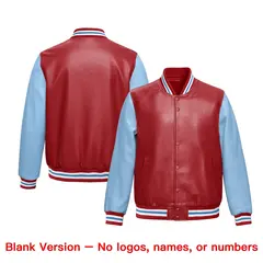 Red Powder Blue Raglan Full-Snap Varsity Faux Leather Letterman Jacket 6