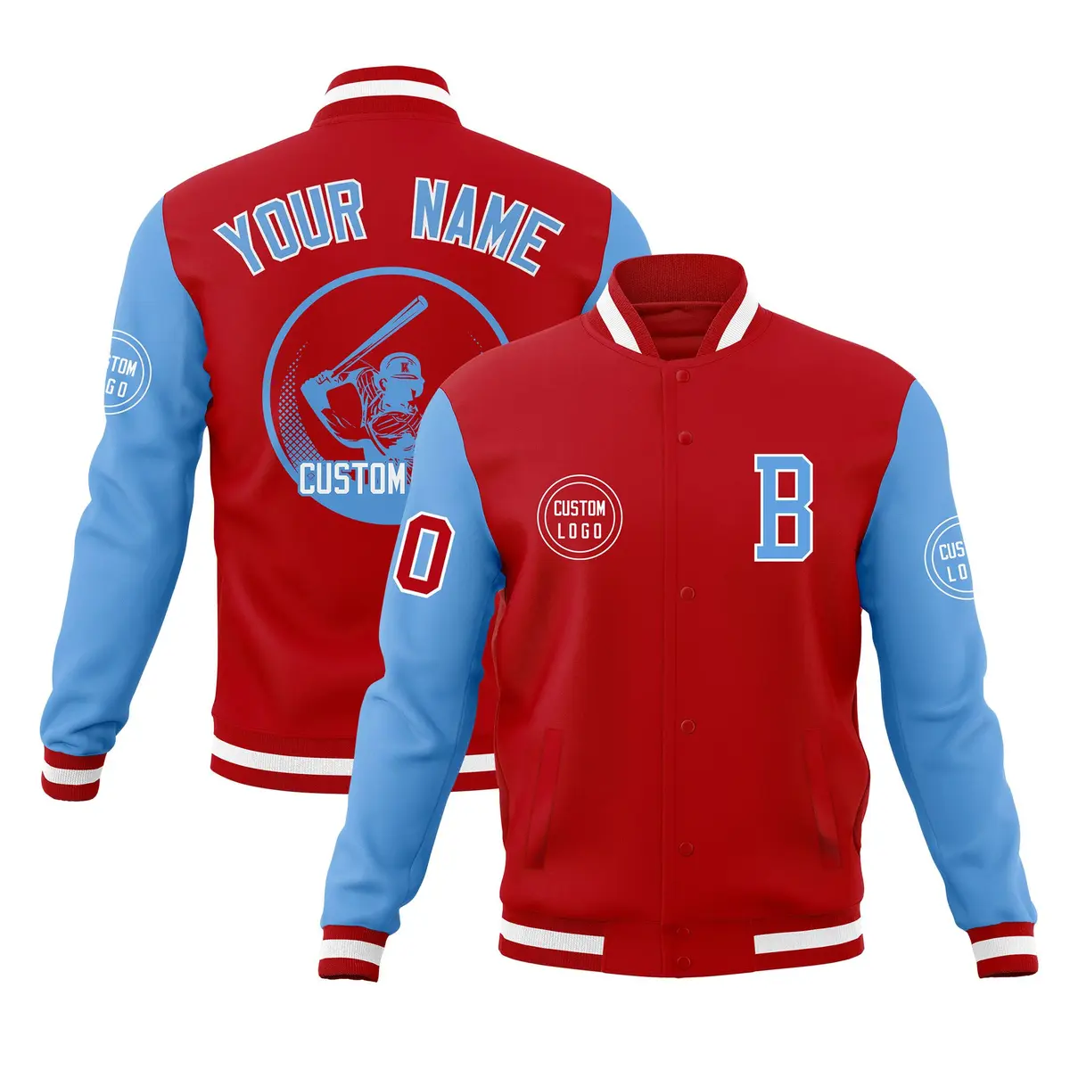Red Powder Blue Raglan Sleeves Full-Snap Varsity Letterman Jacket