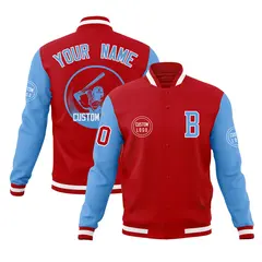 Red Powder Blue Raglan Sleeves Full-Snap Varsity Letterman Jacket 1