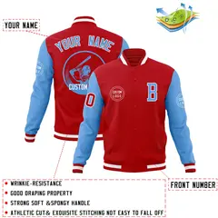 Red Powder Blue Raglan Sleeves Full-Snap Varsity Letterman Jacket 4
