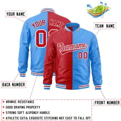 Red Powder Blue Split Two Tone Full-Zip Varsity Letterman Bomber Jacket 2