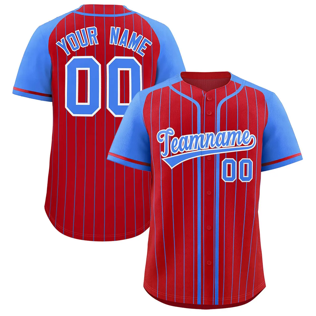 Red Powder Blue Stripe Raglan Baseball Jersey