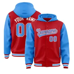 Red Powder Blue Two Tone Full-Snap Raglan Sleeves Varsity Letterman Jacket Hoodie 1