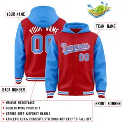 Red Powder Blue Two Tone Full-Snap Raglan Sleeves Varsity Letterman Jacket Hoodie 4