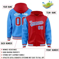 Red Powder Blue Two Tone Full-Snap Raglan Sleeves Varsity Letterman Jacket Hoodie 4