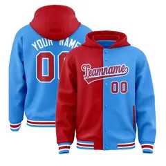 Red Powder Blue Two Tone Split Full-Snap Varsity Letterman Hoodie Jacket 1