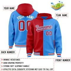 Red Powder Blue Two Tone Split Full-Snap Varsity Letterman Hoodie Jacket 4